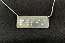 Load image into Gallery viewer, A functional, tactile braille necklace that reads "persist" in grade 2 braille. The piece is bright, polished silver.