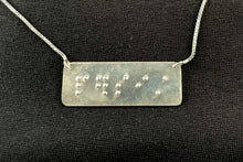 Load image into Gallery viewer, A functional, tactile braille necklace that reads &quot;persist&quot; in grade 2 braille. The piece is bright, polished silver.
